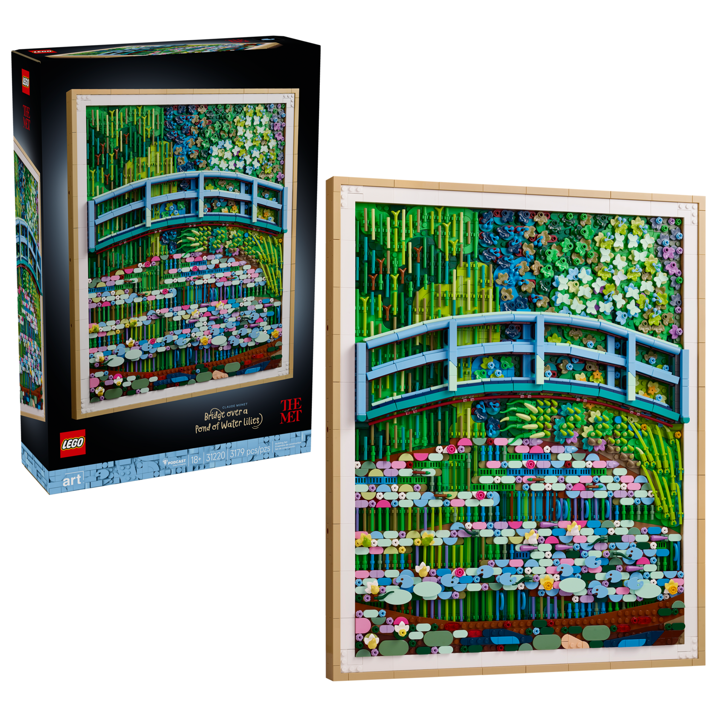 LEGO Art 31220 Claude Monet Bridge over a Pond of Water Lilies box and finished model