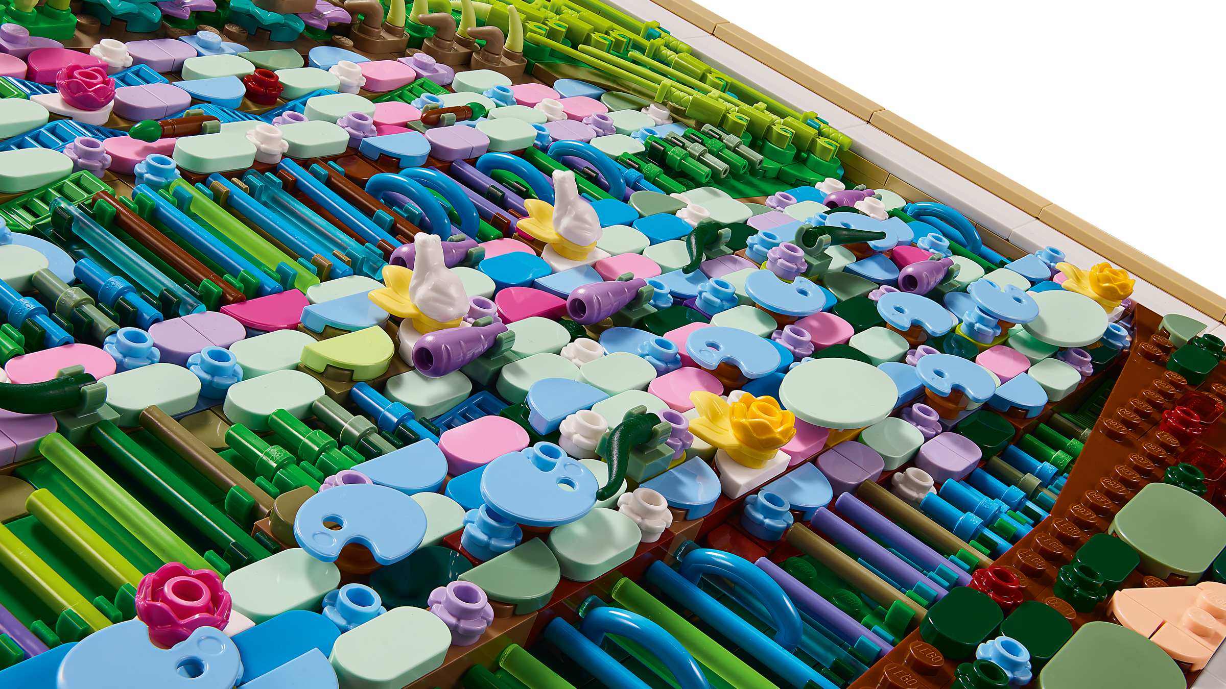 Close-up of the layered LEGO elements that form the water lilies